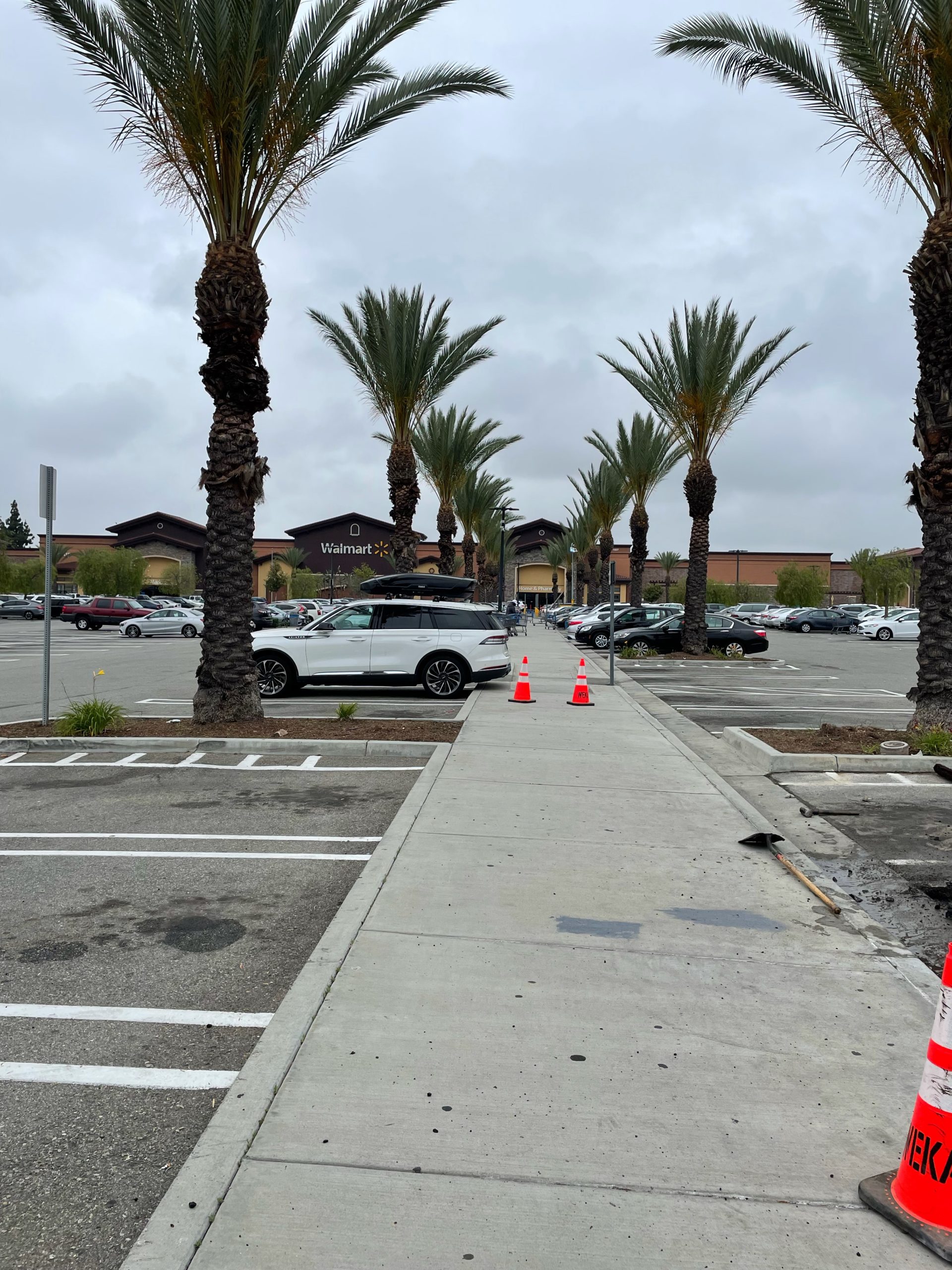 Freshly lined retail parking lot spaces and clean concrete walkways completed by Black Diamond Asphalt SoCal.